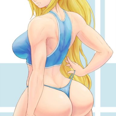 1girls, ass, back, bare shoulders, bimbo, blonde hair, blue eyes, breasts, bubble butt, female, long hair, looking back, metroid, mole, mole under mouth