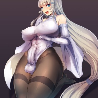 1futa, animal humanoid, balls, big breasts, breasts, bulge, canid, canid humanoid, canine, canine humanoid, clothing, erection, fox humanoid, futanari, genital outline