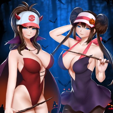 2girls, big breasts, breasts, cleavage, easonx, female, female only, hilda (pokemon), large breasts, pokemon, pokemon bw, rosa (pokemon)