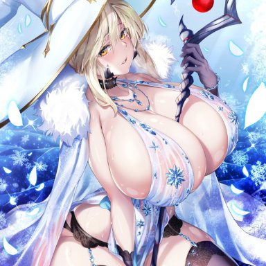 alternate costume, artoria pendragon (lancer alter), big breasts, black legwear, blonde hair, fate (series), fate/grand order, female, gigantic breasts, hirasawa seiji, huge breasts, looking at viewer, revealing clothes, royal icing, solo focus