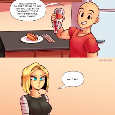 1girls, 4koma, android 18, bald, bald man, breasts, clothed, clothing, comic, dialogue, dragon ball, dragon ball z, english text, female, female only