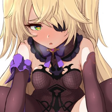 1boy, bangs, bare shoulders, blonde hair, blush, bodysuit, bow, breasts, censored, clothed female nude male, clothed sex, cowgirl position, donutman, eyepatch, female