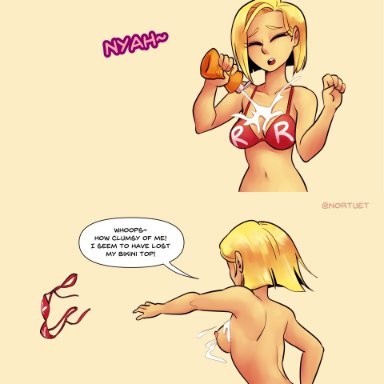 1girls, 4koma, android 18, bikini, blonde hair, blue eyes, cleavage, comic, dragon ball, dragon ball z, flirting, looking at viewer, lotion, lotion bottle, medium breasts