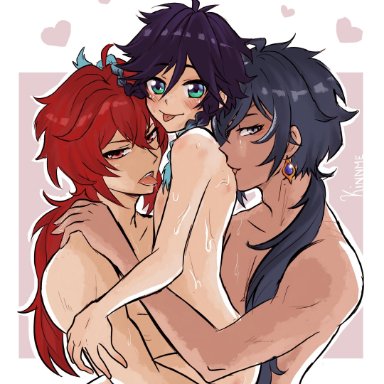 3boys, absurdres, black hair, blue hair, blush, braid, closed mouth, diluc (genshin impact), earrings, femboy, genshin impact, gradient hair, green eyes, grey eyes, group sex