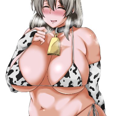 1girl, 1girls, bell, bell collar, belly, big breasts, bikini, blush, breasts, chubby, closed eyes, collar, cow ears, cow girl, cow print