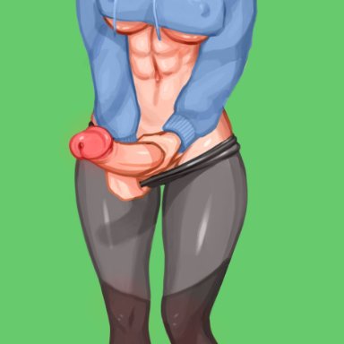 1futa, abs, blush, breasts, brown hair, capri pants, covered nipples, elf, eyelashes, floops (artist), futanari, highres, hoodie, large penis, long hair