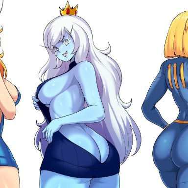 5girls, adventure time, animal ears, animal hood, ass, backless outfit, black eyes, black legwear, black shirt, black tank top, blindfold, blonde hair, blue hair, blue skin, breasts