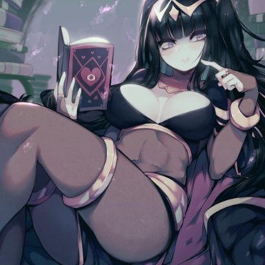 1girl, 1girls, big breasts, black hair, blush, bodystocking, book, bra, breasts, cape, female, fire emblem, fire emblem: awakening, hair ornament, long hair