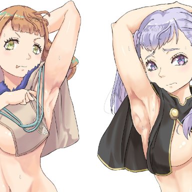 2girls, armpits, arms up, artist request, black clover, breasts, cloak, convenient censoring, cousins, embarrassed, green eyes, large breasts, long hair, looking at viewer, mimosa vermillion