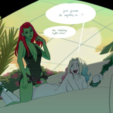 blonde hair, bondage, canon couple, dc, dialogue, green skin, harley quinn, harley quinn (series), imminent sex, istav, poison ivy, red hair, strap-on, vines, white skin