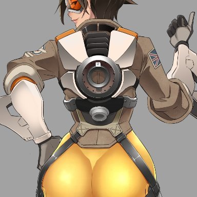 1girls, ass, big ass, brown hair, butcha-u, female, gloves, grey background, looking back, overwatch, short hair, smile, solo, standing, thick ass