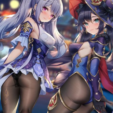 2girls, absurdres, aqua eyes, ass, bangs, bare shoulders, black hair, black legwear, black panties, blush, breasts, detached sleeves, dress, earrings, frills