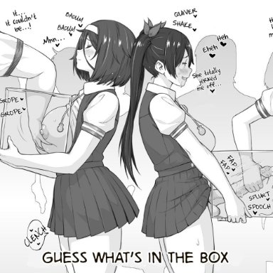 1boy1girl, 1futa, 2girls, 3girls, bangs, bar censor, blush, box, breast grab, breasts, censored, closed mouth, cum, dick in a box, ejaculation