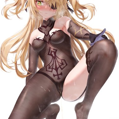 bae.c, breasts, eyepatch, fischl (genshin impact), fishnets, genshin impact, pussy, see through, stockings, thighhighs, urine