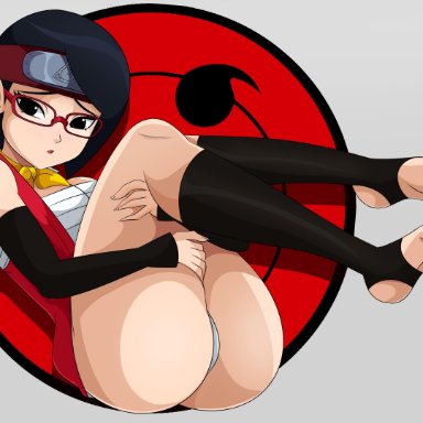 1girls, ass, bangs, barefoot, bent knees, black eyes, black hair, boruto: naruto next generations, breasts, clothing, detached sleeves, dress, feet, female, female only