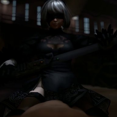 1boy, 1girl, 3d, animated, blindfold, cowgirl, nier, nier: automata, no sound, sex, sfmpov, short hair, webm, white hair, yorha 2b