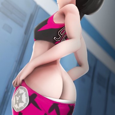 1girls, 3d, ass, black hair, female, female only, greatm8, healthy slim&young body, looking at viewer, looking back, marnie (pokemon), nintendo, pokemon, pokemon ss, solo