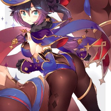 ass, back, bangs, black hair, blue headwear, blue leotard, blush, bodystocking, breasts, brown legwear, character name, cleavage, female, fur collar, genshin impact