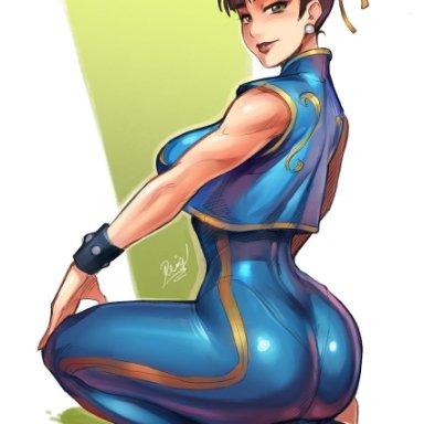 artist name, asian, asian clothing, asian female, ass, ass focus, athletic female, blue bodysuit, blue clothing, butt, chun-li, dat ass, feet together, fighter, firm breasts