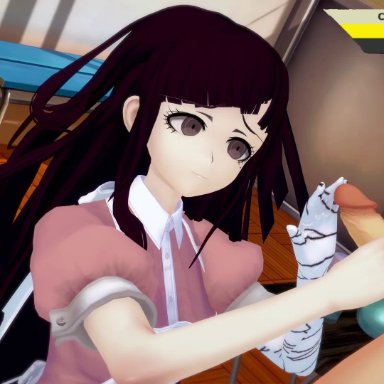 1boy, 1girls, 3d, animated, background music, cum, danganronpa, danganronpa 2: goodbye despair, hand on head, handjob, music, nurse, nurse uniform, nursing handjob, purple eyes