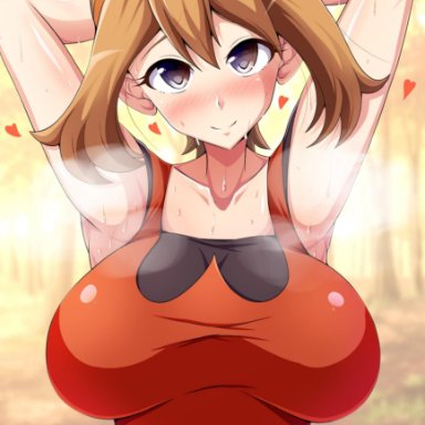 1girls, aokura shou, armpits, big breasts, blush, brown hair, eye contact, hearts, huge breasts, large breasts, looking at viewer, may (pokemon), medium hair, nintendo, pokemon