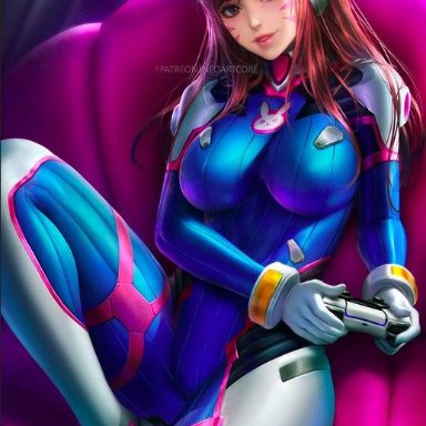 1girl, alternate version available, asian, bean bag, big breasts, bodysuit, brown eyes, brown hair, controller, d.va, facepaint, female, female focus, female only, full body