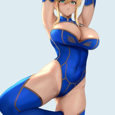 1girls, ahoge, armpits, arms up, artoria pendragon, artoria pendragon (lancer), bangs, bare shoulders, big breasts, blue background, blue gloves, blue legwear, blue leotard, blush, breasts