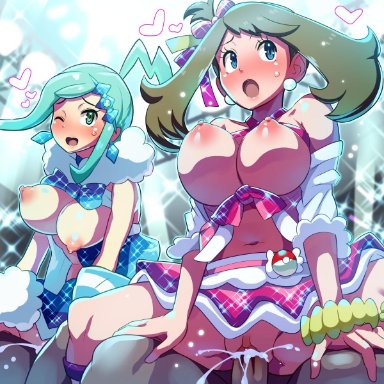 2boys, 2girls, alternate breast size, areolae, bare breasts, bare midriff, bare shoulders, blue eyes, blue hair, blush, boris (noborhys), bottomless skirt, bouncing breasts, breast focus, breasts