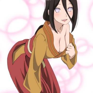 1girls, background, bent over, blush, boruto: naruto next generations, breasts, brown hair, bubbles background, cleavage, clothing, female, female only, hair between eyes, hyuuga hanabi, kimono