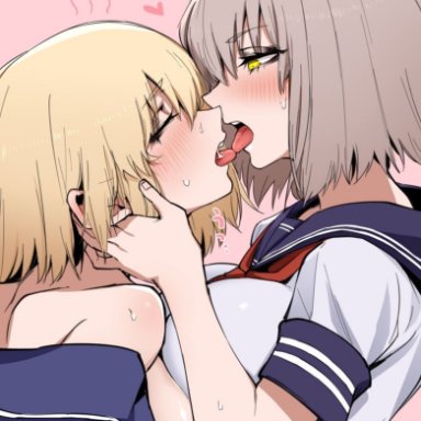 big breasts, blush, closed eyes, fate (series), fate/grand order, j.k., jeanne alter, jeanne d'arc (fate), jeanne d'arc (fate) (all), kissing, school uniform, sisters, tongue, tongue kiss, yellow eyes