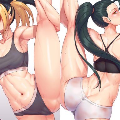 2girls, abs, akali, big ass, fit, fit female, k/da akali, k/da all out series, k/da kai'sa, k/da series, kai'sa, large ass, league of legends, lifting leg, looking at viewer