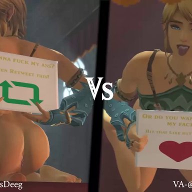 1boy, animated, ass, barefoot, blonde hair, blue eyes, bottomless, breath of the wild, femboy, gerudo link, holding sign, link, male only, on knees, open mouth