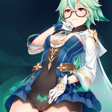 1girls, blush, cameltoe, genshin impact, glasses, green hair, pointy ears, ricegnat, solo, sucrose (genshin impact)