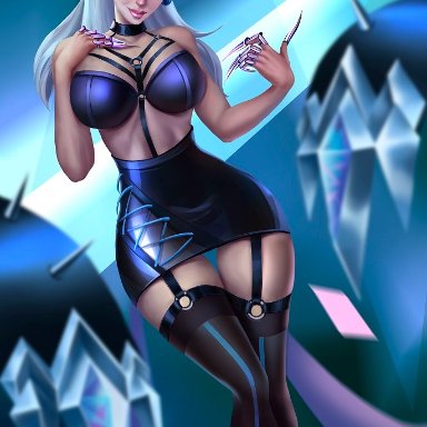 amber eyes, big breasts, busty, clawed fingers, evelynn, garter straps, k/da all out evelynn, k/da all out series, kda, league of legends, maryclarke, miniskirt, silver hair, stockings, thighhighs