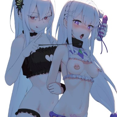 :q, 2girls, absurdres, arms behind back, bare shoulders, black choker, black legwear, bound, breasts, butterfly hair ornament, choker, cleavage cutout, closed mouth, clothing cutout, collar