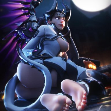 3d, alternate costume, ankle cuffs, ass, barefoot, big ass, biting lip, blender, breasts, demon, demon horns, demon tail, demon wings, feet, fjaye