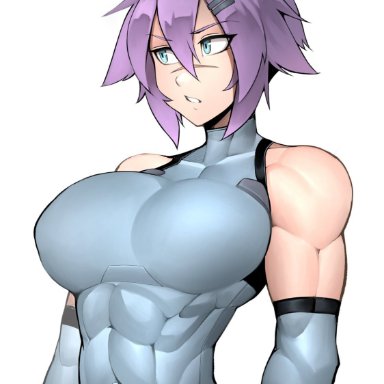 athletic female, biceps, big breasts, blue eyes, elbow gloves, female focus, female only, fully clothed, grey clothing, grey leotard, half body, looking away, mugshot, muscular female, original character
