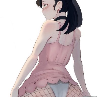 1girls, ass, black hair, blue eyes, butt, choker, dress, earrings, female, fishnet pantyhose, marnie (pokemon), nintendo, panties, pink dress, pokemon