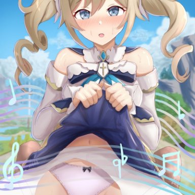 1boy, bangs, barbara (genshin impact), bare shoulders, blonde hair, blue eyes, blush, breasts, censored, cowgirl position, detached sleeves, dress, drill hair, eyebrows visible through hair, female