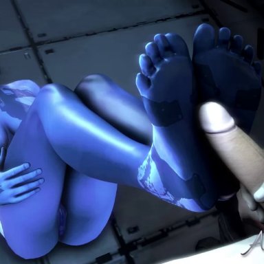 1boy, 1girls, 3d, animated, ankhajiit, anus, ass, asshole, bare feet, barefoot, blue eyes, blue hair, blue skin, butt grab, cortana