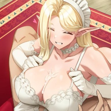 big breasts, blonde hair, blush, clothed paizuri, cum, cum between breasts, cum on breasts, elf, female, green eyes, heart, kkamja, maid headdress, male, paizuri