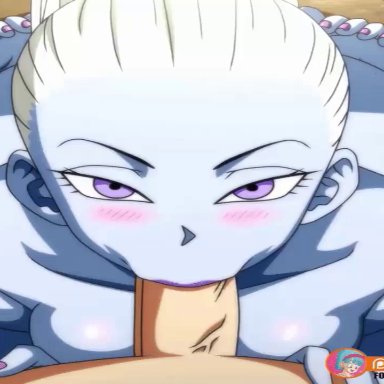 1boy, 1girls, animated, blowjob, blue skin, blush, breasts, cum, cum explosion, cum in mouth, deepthroat, dragon ball, dragon ball super, faceless male, feet