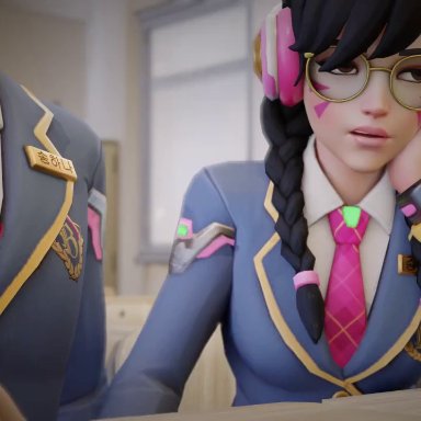 1girls, 2boys, 3d, animated, classroom, d.va, desk, glasses, handjob, magmallow, overwatch, panties, penis, public sex, school uniform