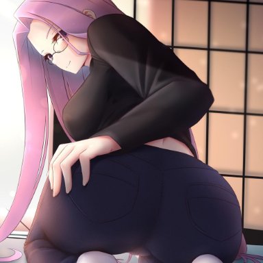 2020, artist request, ass, backlighting, bangs, bent over, big ass, black sweater, blue pants, blush, breasts, closed mouth, dated, denim, fate (series)