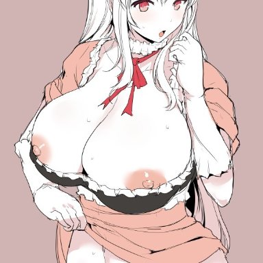 :o, 1futa, areolae, bar censor, blush, breasts, censored, cleavage, collarbone, commentary request, cowboy shot, dress, dress lift, eyebrows visible through hair, female