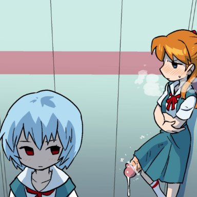 1futa, 1girls, asuka langley sohryu, ayanami rei, bar censor, blue hair, blush, censored, closed mouth, clothed, clothing, crossed arms, derivative work, elevator, erection