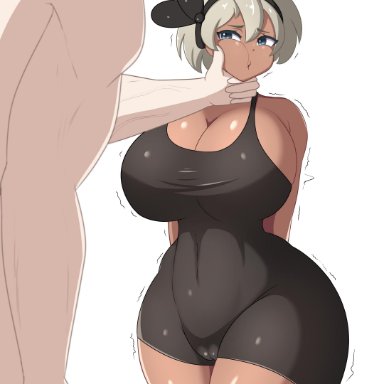 1boy, 1boy1girl, 1girl, 1girls, bea (pokemon), big breasts, blue eyes, breasts, cameltoe, clothed, clothed female, clothed female nude male, curvy figure, fake face, female