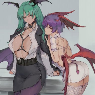 2girls, ass, belt, business suit, cutesexyrobutts, darkstalkers, female, formal, green hair, head wings, hi res, high resolution, lilith aensland, long hair, looking at viewer