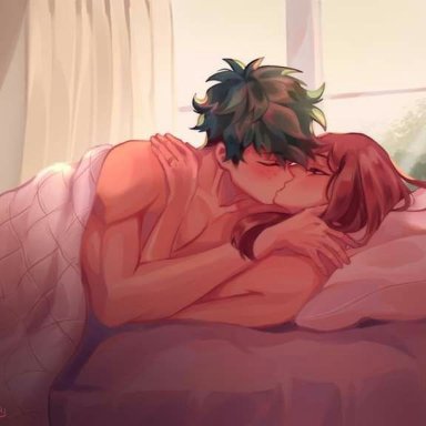 1boy, 1girls, blush, bobafiish, brown hair, caressing hair, closed eyes, cuddling, green hair, hugging, izuku midoriya, izuocha, kissing, looking at another, looking at partner