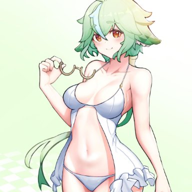 bare shoulders, blush, bra, collarbone, cute, engineer kim, eyewear, female, genshin impact, glasses, glasses removed, green hair, hand up, highres, long hair